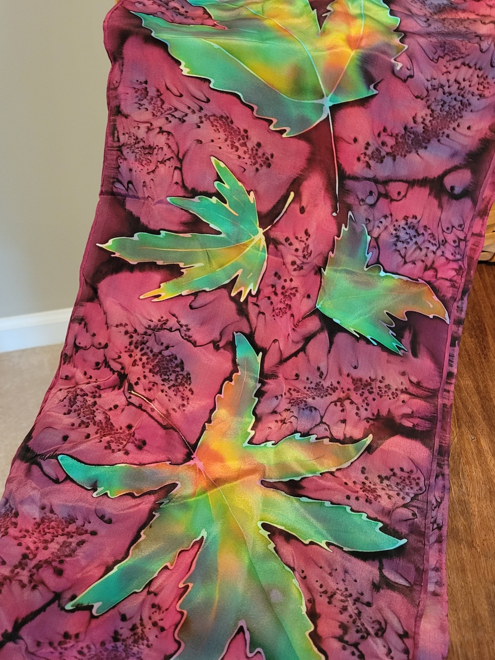 Handpainted Leaf Silk Scarf in Magenta and Teal
